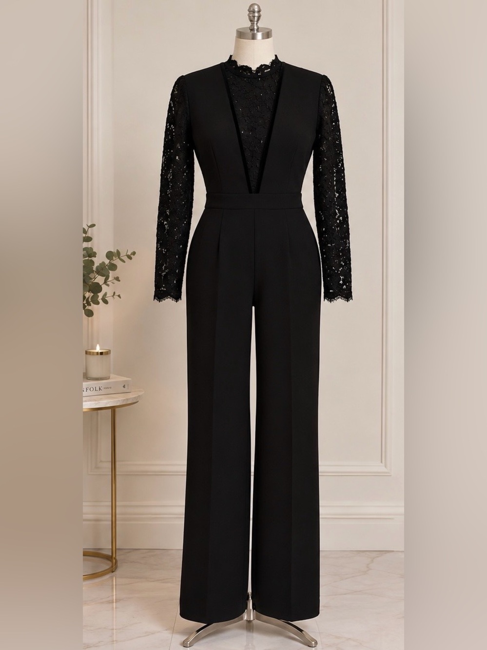 Black Lace Long Sleeve Wide Leg Jumpsuit
